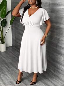 Slaydiva Đầm midi dáng xòe thanh lịch cỡ lớn có cổ chữ thập, chi tiết nhún bèo và tay áo nhún bèo, thích hợp mặc dự tiệc, mặc buổi tối và mặc hàng ngày, mùa xuân và mùa hè - trắng - Xem 7