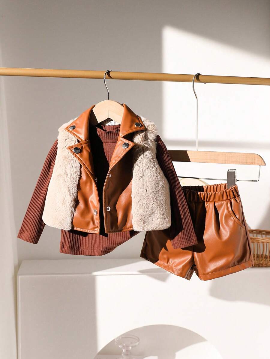 Bộ 2 áo vest chắp vá lông thú thường ngày cho bé gái và áo dài tay kèm quần short, Thu/Đông - màu nâu - Xem 1