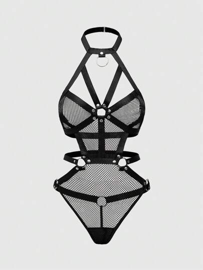 Grunge Punk Women's Punk Style Hollow Grid Studded Halter Crotchless Bodysuit Lingerie