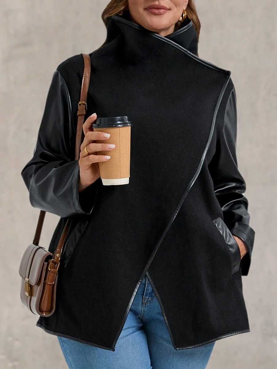 SHEIN LUNE Plus Size Casual PU Patchwork Turn-Down Collar Jacket, Autumn, For Winter - Black - View 1