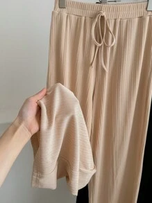 SHEIN LUNE 2pcs Women Autumn/Winter Solid Color Ribbed Straight-Leg Tie-Waist Casual Pants, Back To School Season,Airport Women Outfits