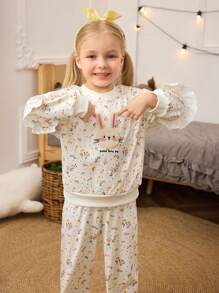 2pcs Young Girl Apricot Minimalist Ditsy Floral & Rabbit Embroidered Print Long Sleeve Pajama Set - Apricot - View 4