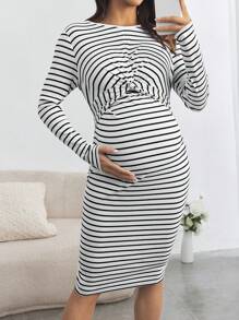 SHEIN Vestido largo ajustado de Body entero con rayas para mujeres embarazadas, para uso casual/trabajo, primavera/otoño - Blanco y Negro - Ver 6