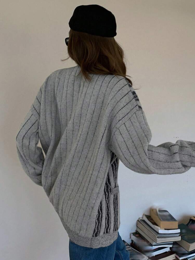 Loose Fit Stripe Print Long Sleeve V-Neck Cardigan For Women,Fall Women Clothes Jacket