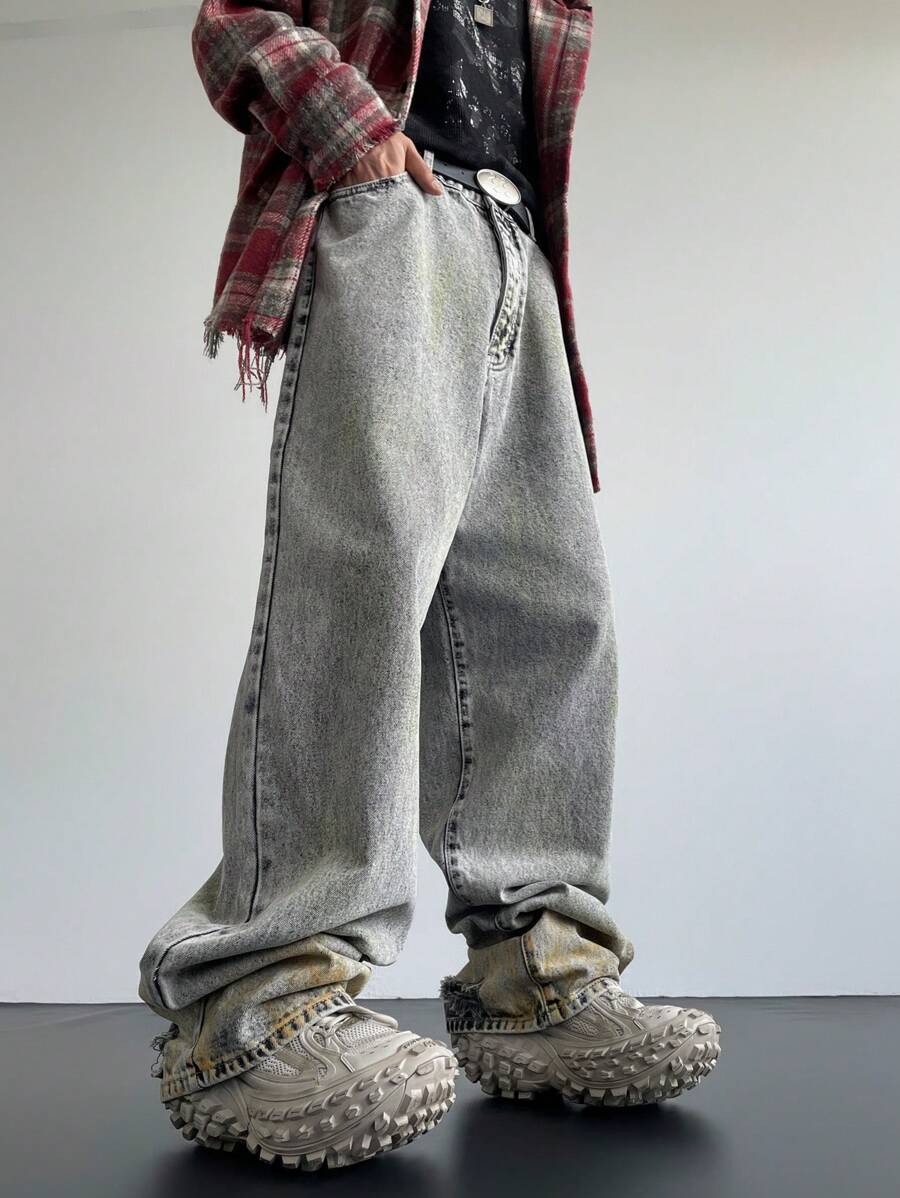 Manfinity Roghcode Quần Jeans Denim Vintage Thường Ngày Cho Nam, NEON BLANC - Màu Xám nhạt - Xem 1