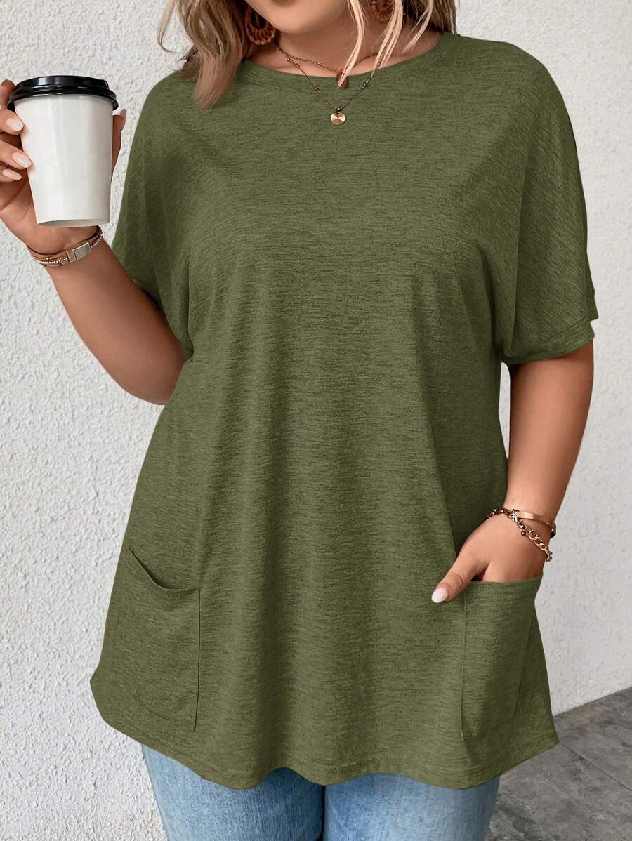 EMERY ROSE 大码纯色圆领口袋休闲短袖 T 恤女式上衣秋季服装