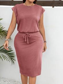 SHEIN LUNE 大码女式夏季纯色圆领插肩袖 T 恤和腰带裙 2 件套 - 紅木色 - 查看 4