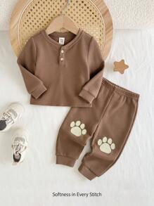 Cozy Pixies 2pcs Baby Boy Solid Color Knit Soft Crew Neck Long Sleeve Half-Open Pullover Top And Elasticated Waist Pants Set - Brown - View 3