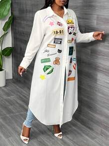 Slaydiva Plus Size Women Casual Printed Long Sleeve Shirt Dress - White - View 4