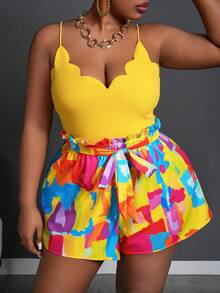 Slaydiva 大码夏季假期紧身吊带背心上衣，带花朵、抽象画印花和宽松短裤，女式 2 件套 - 黃色 - 查看 4