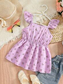 SHEIN 年轻女孩度假碎花领和短袖可爱衬衫 - 淡紫色 - 查看 2