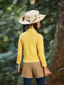 SHEIN Toddler Girls' Outdoor Sports Hiking Camping Backpacking Running Warm Colorblock Crewneck Sweatshirt, Fall/Winter - Yellow - View 2