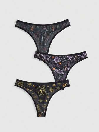 Fairycore Conjunto de 3 piezas de bragas tipo tanga con estampado de hadas, flores botánicas, sol, luna, estrellas y ramas