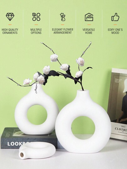 1pc Wit Plastic Circular Flower Vase ation, Simulated Dry ation Vase, Artistic Bloemen Arrangements, Living Room Exhibition Hall ation,Home ,Flower Vase,Centerpiece,Table Valentine DAY, Valentines Wedding, view 4