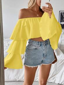 Rafferiza 1pc Women's Open Shoulder Ruffled Collar Long Sleeve Blouse Off The Shoulder Top Fall Cloth For Women - Yellow - View 6