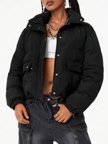 SHEIN EZwear Women's Winter Short Warm Quilted Fashion Jacket Zin Up Hooded Crop Coat - Black - View 6