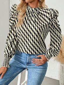 SHEIN Clasi Women's Rule Print Long Sleeve Ruched Shirt
