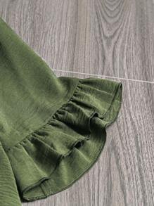 Linhara Plus Size Women's Summer Solid Color Crew Neck Ruffle Hem Loose Casual Blouse - Green - View 3