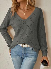 SHEIN Clasi Women's Solid Color Casual Long Sleeve Regular Knit Sweater,Long Sleeve Tops In Fall/Winter - Dark Grey - View 3