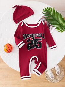 SHEIN 2pcs Boys Baby Casual Streetwear Digit & Letter Print Long Sleeve Jumpsuit With Hat, Suitable For Daily, Sports, Loungewear In Fall/Winter - Burgundy - View 1