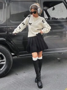 SHEIN Tall Maglione in maglia casual ampio con collo rotondo, maniche a giro e decorazione a fiocco per donna