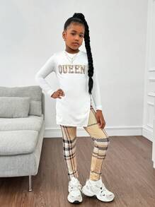 SHEIN 2pcs Tween Girl Side Slit Round Neck Long Sleeve T-Shirt & Graphic Print Leggings Set - White - View 4