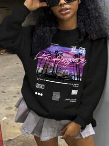 SHEIN 女式字母印花圆领黑色长袖套头运动衫、长袖上衣 - 黑色 - 查看 1