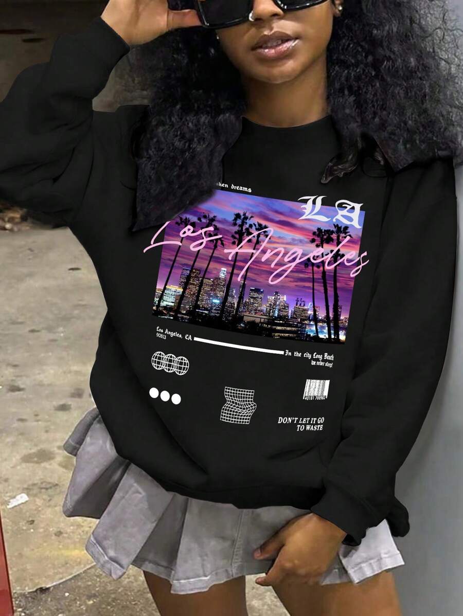 SHEIN 女式字母印花圆领黑色长袖套头运动衫、长袖上衣 - 黑色 - 查看 1