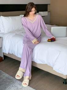 DAZY 2pcs Contrast Color V-Neck Long Sleeve Top And Pants Loungewear Set Pajama - Purple - View 6