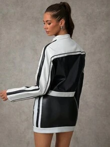 SHEIN BAE Women's Contrast Color Zipper Long Sleeve Casual Jacket Fall Women Jackets Going Out Tops Winter Women Coat Fall Jackets Winter Women Clothes Fall Women Clothes Leather Women Jacket - Multicolor - View 4