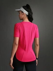 Women Contrast Color Short Sleeve Casual Sporty T-Shirt & Tank Top Gym Shirts - Hot Pink - View 8