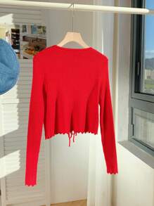 SHEIN X Garcia Sisters Comfortcana Cárdigan de manga larga ajustado con lazo delantero en un suave y dulce tono carmesí para otoño/invierno