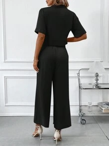 SHEIN Clasi 2pcs/Set Women Cropped Shirt With High-Waist Pocket Pants - Black - View 5