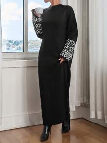 EURMUSE Sleeves Patterned Dress Fall Winter - Black - View 1