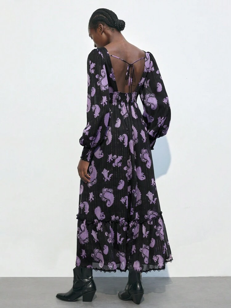 SHEIN Maija Women Casual V-Neck Lantern Sleeve Dress With Paisley Floral Print