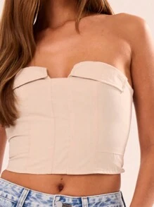 MUSERA Áo croptop cổ xếp ly, thích hợp mặc đi chơi, đi nghỉ mát, mùa xuân hè, lễ hội, ngày lễ. - Màu be - Xem 5