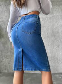 Cottnline 後背開衩牛仔半身裙 - 中等水洗藍 - 查看 2