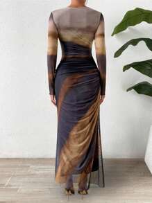 Chiquease 女士夏季彩虹染色修身長袖連衣裙，帶有褶皺細節 - 深灰色 - 查看 3