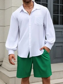 Manfinity Homme Bộ đồ thường ngày áo sơ mi dài tay rộng rãi màu trơn và quần short cỡ lớn cho nam - Nhiều màu - Xem 1