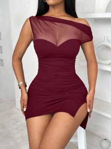 BamGleam Asymmetrical Shoulder Mesh Hollow Ruffle Slit Dress Burgundy Color Women Outfit - Burgundy - View 4