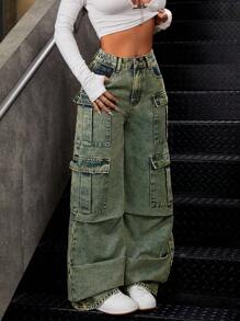SHEIN ICON Quý cô Cargo Denim Quần jean - Màu xanh lam - Xem 4