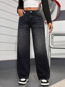 SHEIN PETITE Women's Loose Straight-Leg Casual Wide-Leg Jeans
