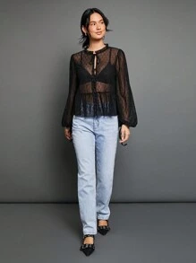 WESTFADE 透明圆点网眼立领蝴蝶结前褶饰荷叶边长袖上衣，适合女性秋季可爱上衣，适合返校、秋季、冬季、外出、休闲可爱波西米亚风上衣 - 黑色 - 查看 3