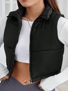 SHEIN VCAY 大码休闲无袖加垫背心夹克，秋冬款，黑色 - 黑色 - 查看 5
