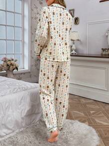 CottageSlumber Conjunto de ropa de dormir con camisa con cuello vuelto y pantalones con estampado de oso y floral, con ribete de color block para mujer