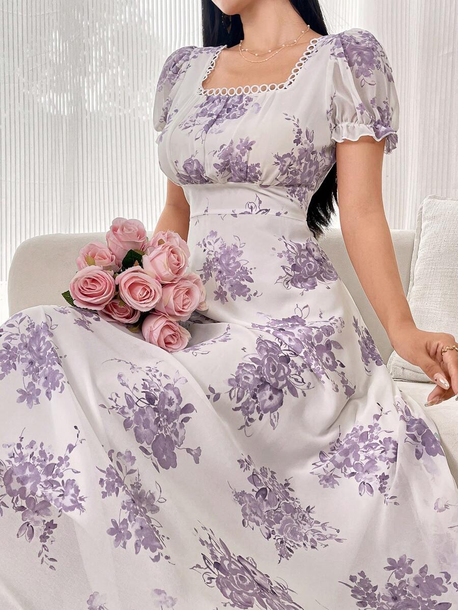 Modelyn Đầm Maxi Cổ Vuông In Hoa Tay Ngắn Cho Nữ Trang Phục Đầm Dạ Hội Dài - Màu tím - Xem 1