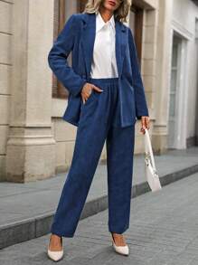 EMERY ROSE 2 件套女士西装外套和裤子套装，纯色翻领长袖春秋装 - 藍色 - 查看 5