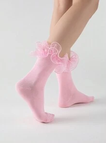 ROMWE Kawaii 女士 3D 花卉蕾丝中筒袜 - 淺粉色 - 查看 3
