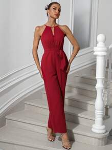 SHEIN Belle Bộ đồ liền thân hở lưng màu đỏ tía thanh lịch dành cho nữ - Màu Đỏ Sâu - Xem 5