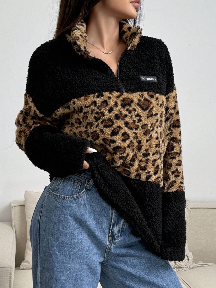 SHEIN EZwear Sudadera holgada con media cremallera reversible de polar con cuello alto, estampado de leopardo de bloques de color, para otoño/invierno